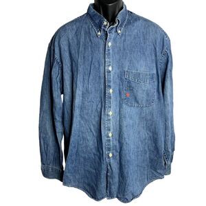 Vintage 80s Mens Denim Button Down Shirt L Blue Chambray Long Sleeve